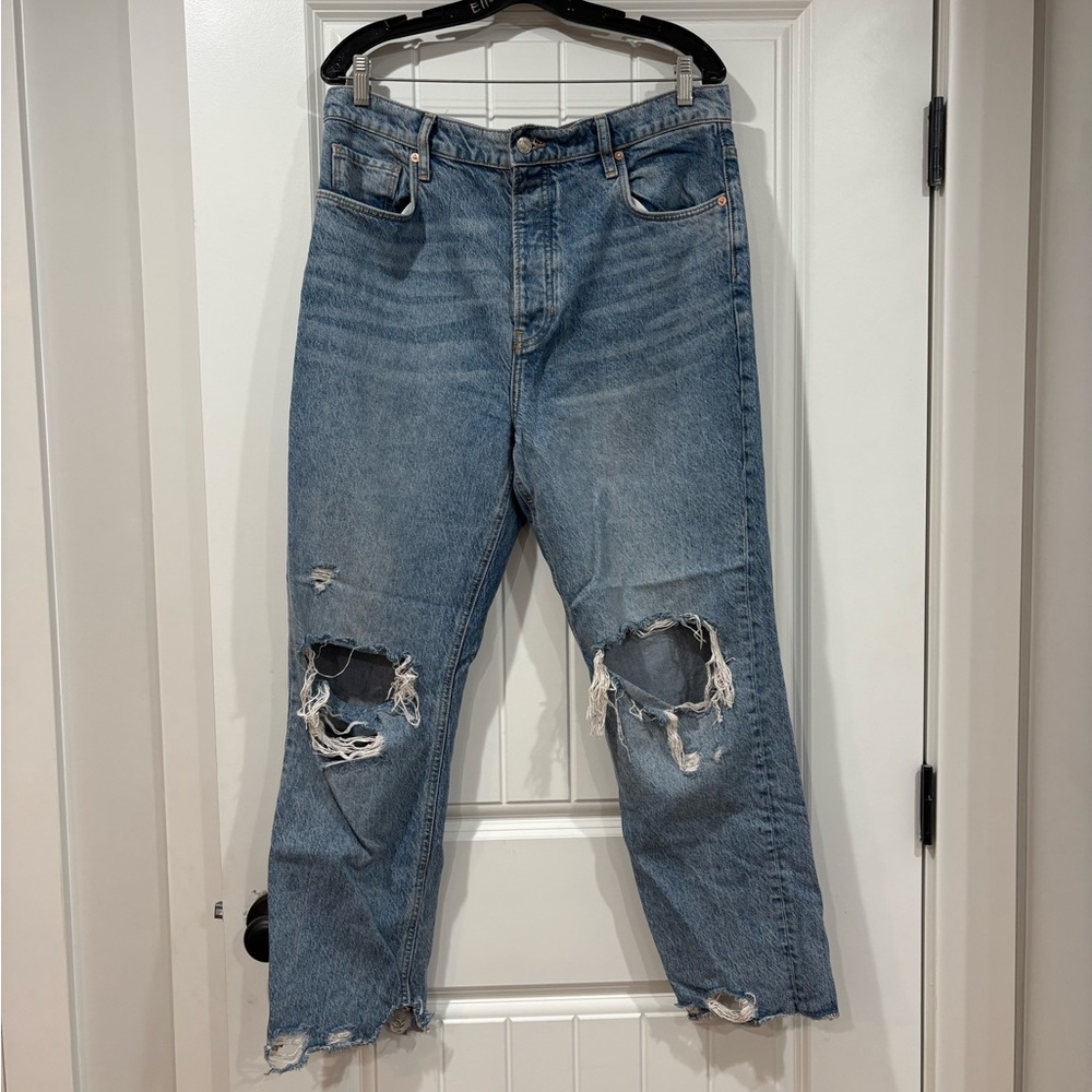 Free People Women's Distressed Blue Straight Leg Jeans